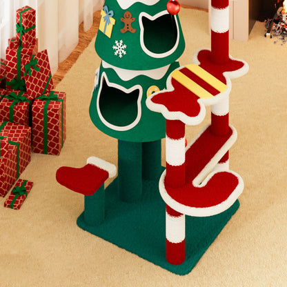 Contemporary Creative Rectangular Medium-Density Fiberboard Paper Tube Kraft Paper Rope Velvet Fabric Christmas Cat Tree 4-Tier For Living Room