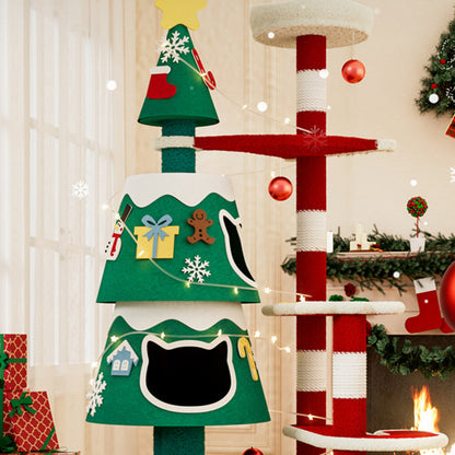 Contemporary Creative Rectangular Medium-Density Fiberboard Paper Tube Kraft Paper Rope Velvet Fabric Christmas Cat Tree 4-Tier For Living Room