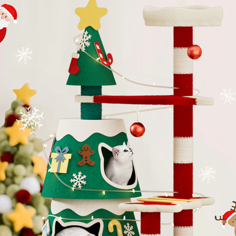 Contemporary Creative Rectangular Medium-Density Fiberboard Paper Tube Kraft Paper Rope Velvet Fabric Christmas Cat Tree 4-Tier For Living Room
