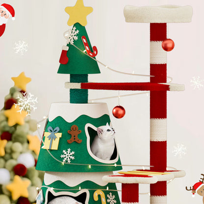 Contemporary Creative Rectangular Medium-Density Fiberboard Paper Tube Kraft Paper Rope Velvet Fabric Christmas Cat Tree 4-Tier For Living Room