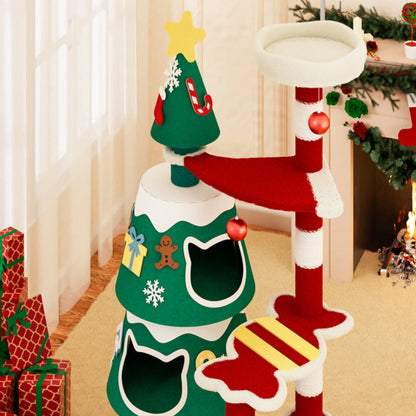 Contemporary Creative Rectangular Medium-Density Fiberboard Paper Tube Kraft Paper Rope Velvet Fabric Christmas Cat Tree 4-Tier For Living Room