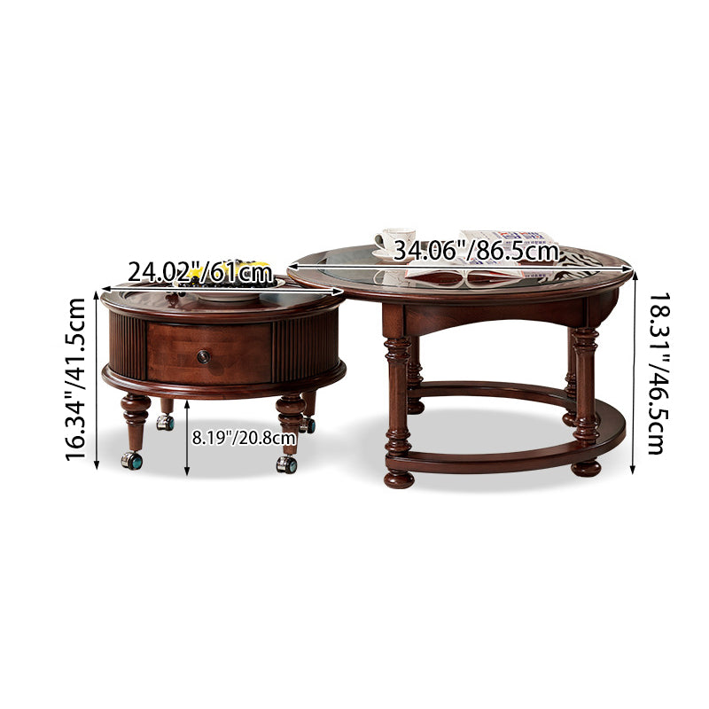Traditional Vintage Round Mahogany Pine Wood Tempered Glass Combination Coffee Table 2-Drawer For Living Room