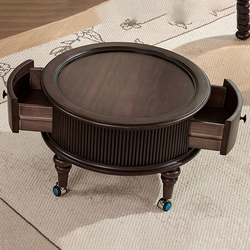 Traditional Vintage Round Mahogany Pine Wood Tempered Glass Combination Coffee Table 2-Drawer For Living Room