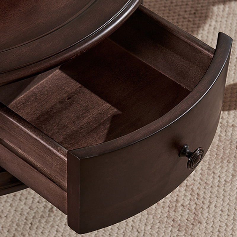 Traditional Vintage Round Mahogany Pine Wood Tempered Glass Combination Coffee Table 2-Drawer For Living Room