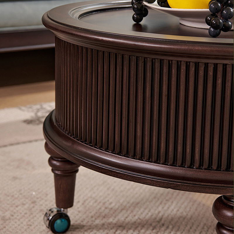 Traditional Vintage Round Mahogany Pine Wood Tempered Glass Combination Coffee Table 2-Drawer For Living Room