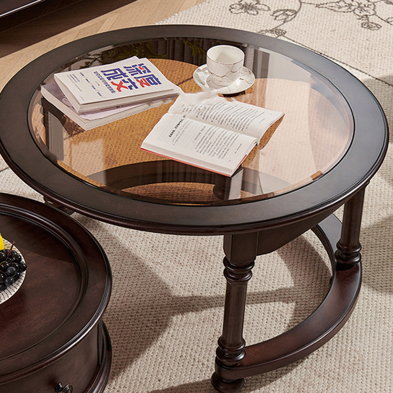 Traditional Vintage Round Mahogany Pine Wood Tempered Glass Combination Coffee Table 2-Drawer For Living Room
