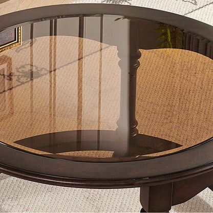 Traditional Vintage Round Mahogany Pine Wood Tempered Glass Combination Coffee Table 2-Drawer For Living Room