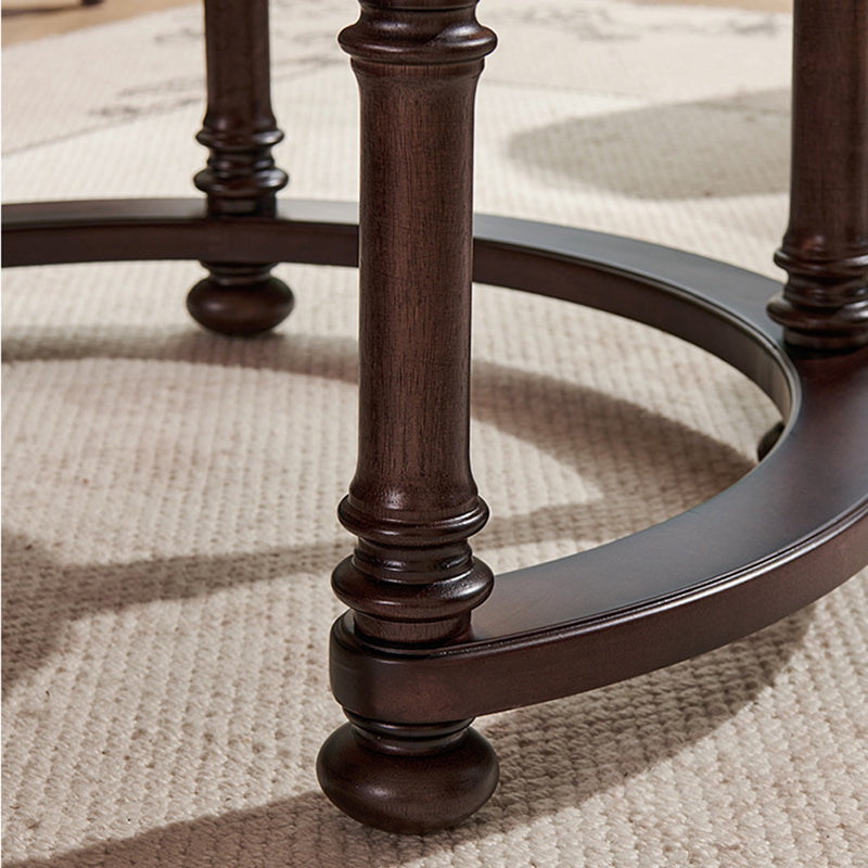 Traditional Vintage Round Mahogany Pine Wood Tempered Glass Combination Coffee Table 2-Drawer For Living Room
