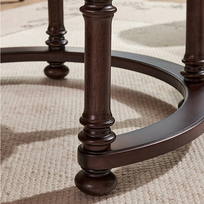 Traditional Vintage Round Mahogany Pine Wood Tempered Glass Combination Coffee Table 2-Drawer For Living Room
