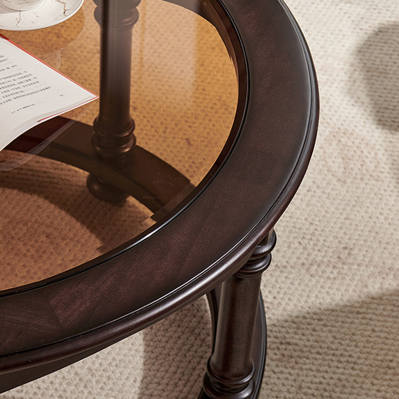 Traditional Vintage Round Mahogany Pine Wood Tempered Glass Combination Coffee Table 2-Drawer For Living Room