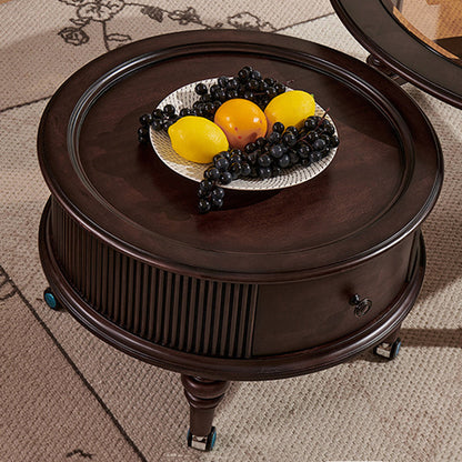 Traditional Vintage Round Mahogany Pine Wood Tempered Glass Combination Coffee Table 2-Drawer For Living Room