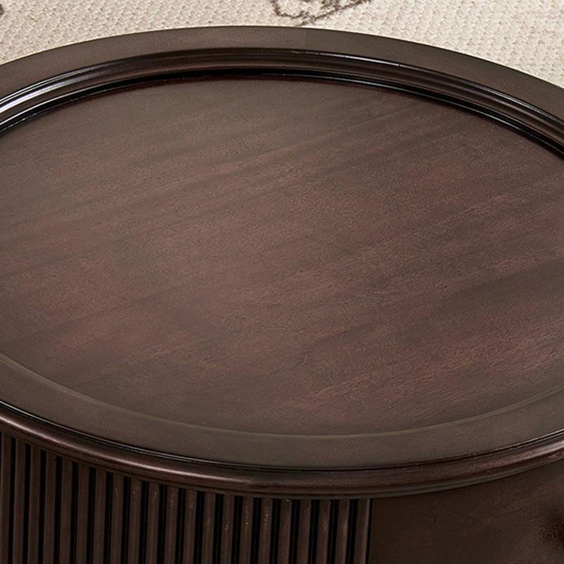 Traditional Vintage Round Mahogany Pine Wood Tempered Glass Combination Coffee Table 2-Drawer For Living Room