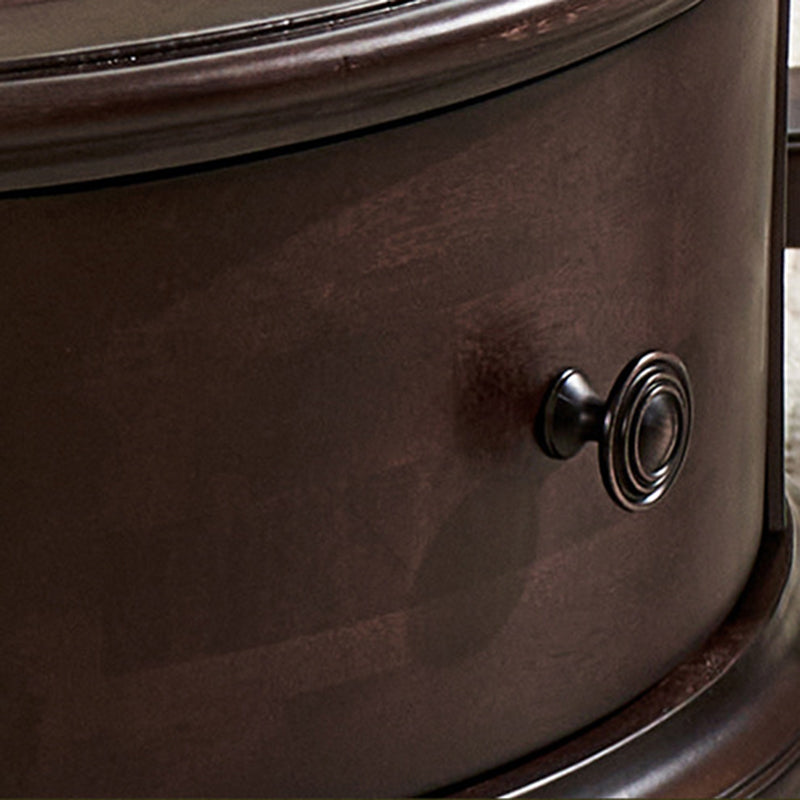 Traditional Vintage Round Mahogany Pine Wood Tempered Glass Combination Coffee Table 2-Drawer For Living Room