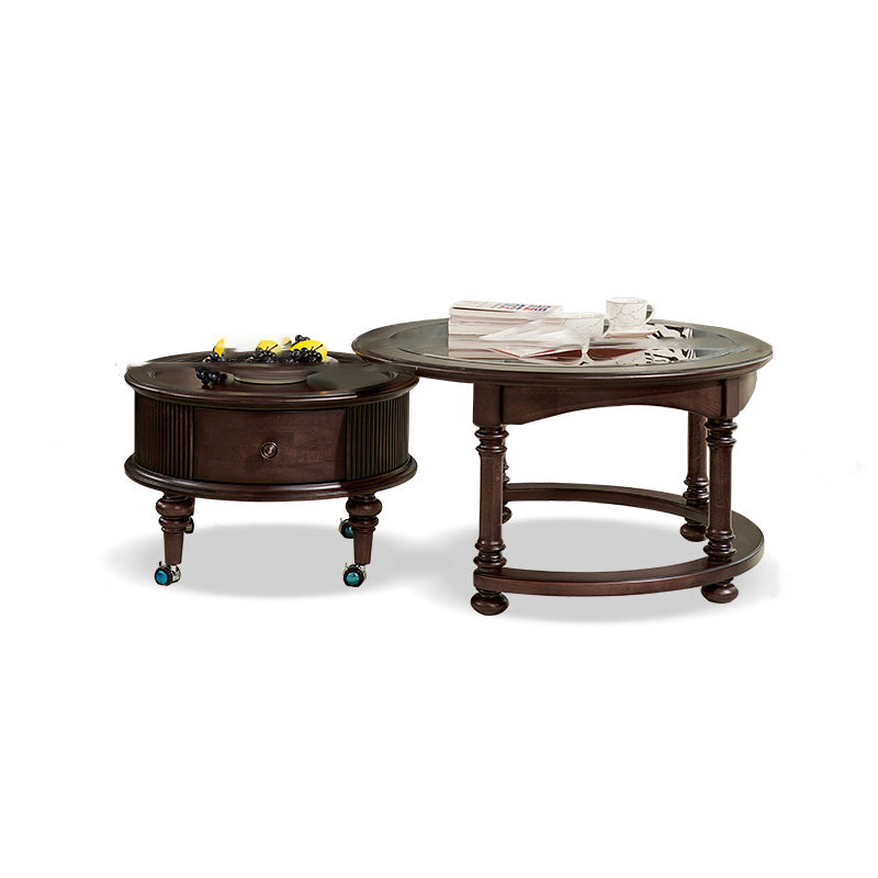 Traditional Vintage Round Mahogany Pine Wood Tempered Glass Combination Coffee Table 2-Drawer For Living Room