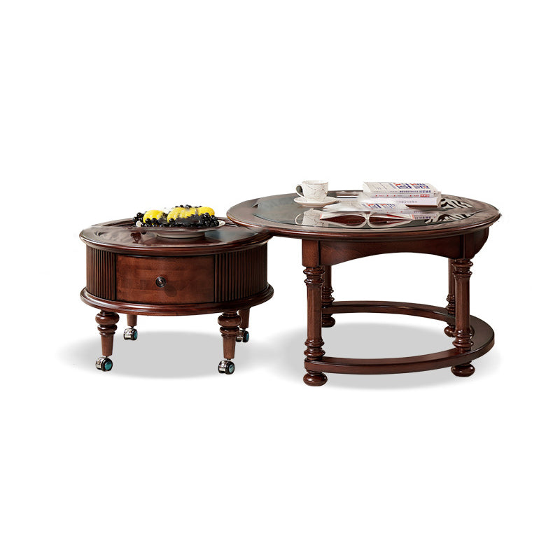 Traditional Vintage Round Mahogany Pine Wood Tempered Glass Combination Coffee Table 2-Drawer For Living Room