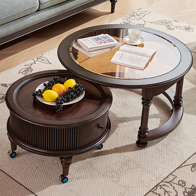 Traditional Vintage Round Mahogany Pine Wood Tempered Glass Combination Coffee Table 2-Drawer For Living Room