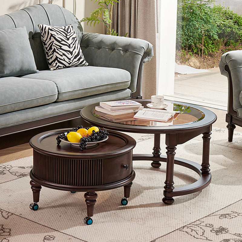 Traditional Vintage Round Mahogany Pine Wood Tempered Glass Combination Coffee Table 2-Drawer For Living Room