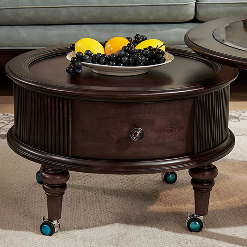 Traditional Vintage Round Mahogany Pine Wood Tempered Glass Combination Coffee Table 2-Drawer For Living Room