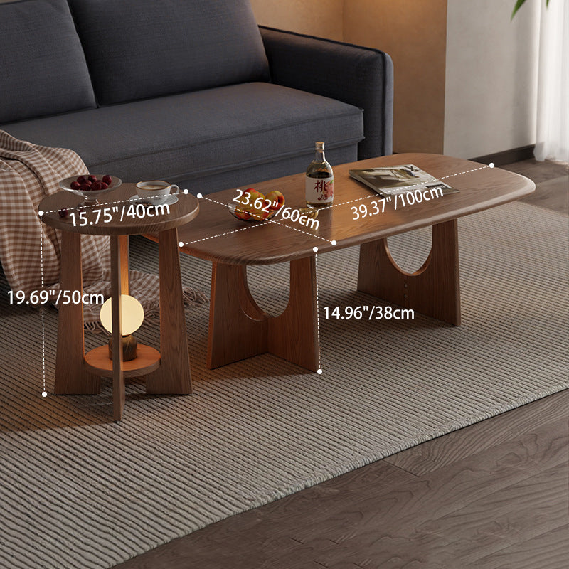 Traditional Vintage Round Rubberwood Solid Wood Coffee Table & Side Table 2-Tier For Living Room