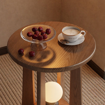 Traditional Vintage Round Rubberwood Solid Wood Coffee Table & Side Table 2-Tier For Living Room