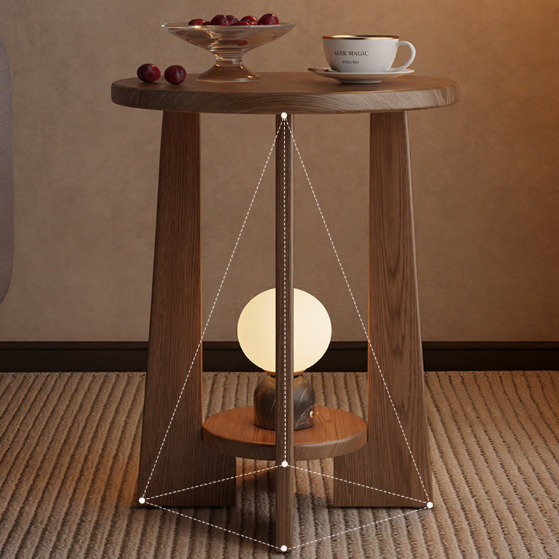Traditional Vintage Round Rubberwood Solid Wood Coffee Table & Side Table 2-Tier For Living Room