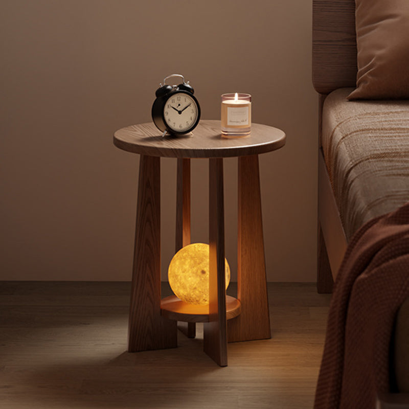 Traditional Vintage Round Rubberwood Solid Wood Coffee Table & Side Table 2-Tier For Living Room
