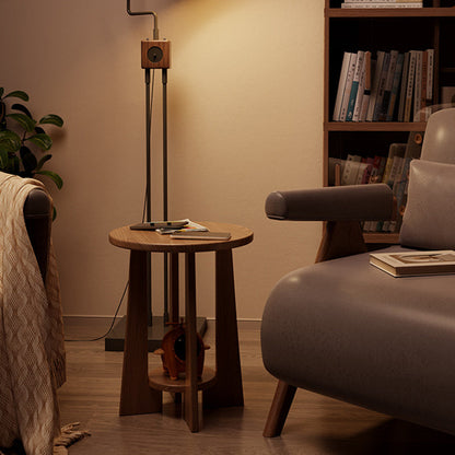 Traditional Vintage Round Rubberwood Solid Wood Coffee Table & Side Table 2-Tier For Living Room