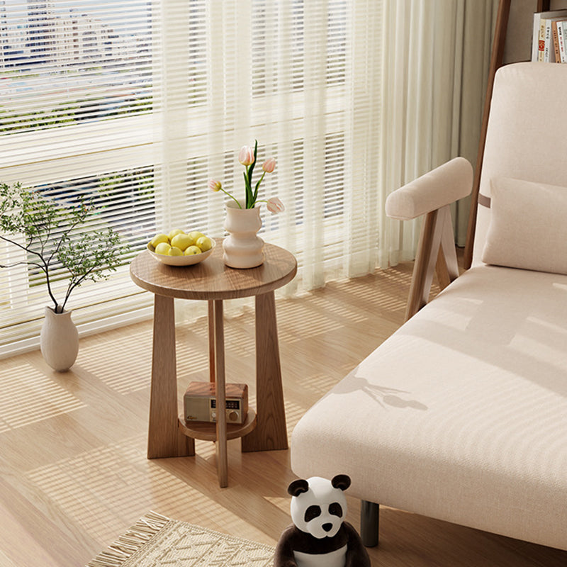 Traditional Vintage Round Rubberwood Solid Wood Coffee Table & Side Table 2-Tier For Living Room