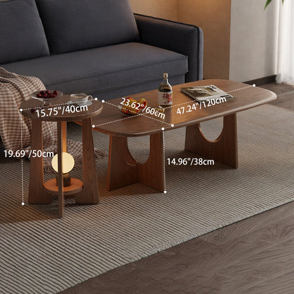 Traditional Vintage Round Rubberwood Solid Wood Coffee Table & Side Table 2-Tier For Living Room