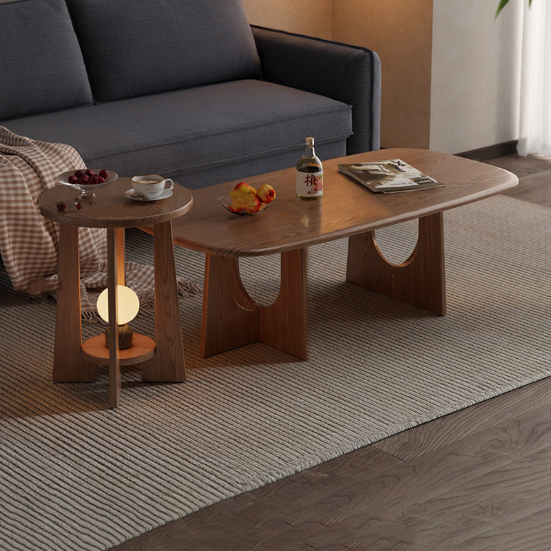 Traditional Vintage Round Rubberwood Solid Wood Coffee Table & Side Table 2-Tier For Living Room