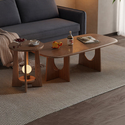 Traditional Vintage Round Rubberwood Solid Wood Coffee Table & Side Table 2-Tier For Living Room