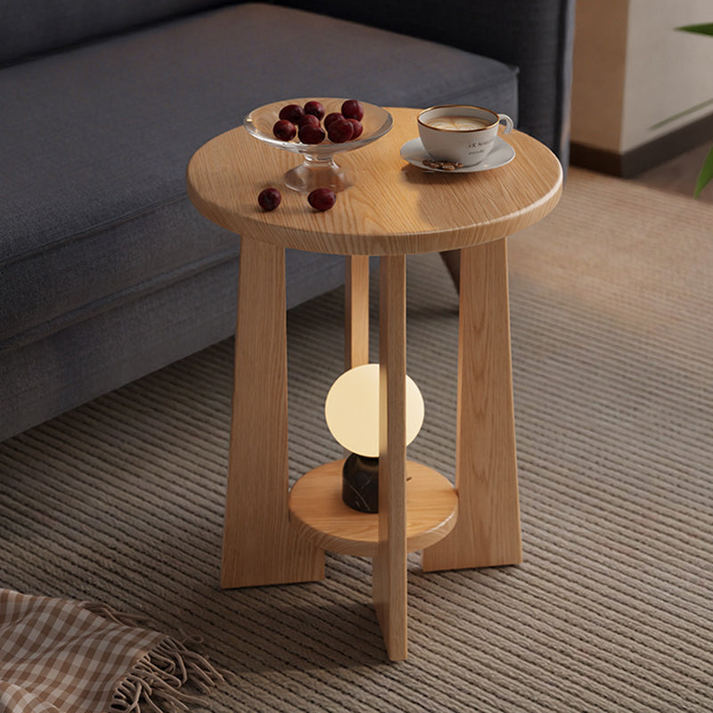 Traditional Vintage Round Rubberwood Solid Wood Coffee Table & Side Table 2-Tier For Living Room