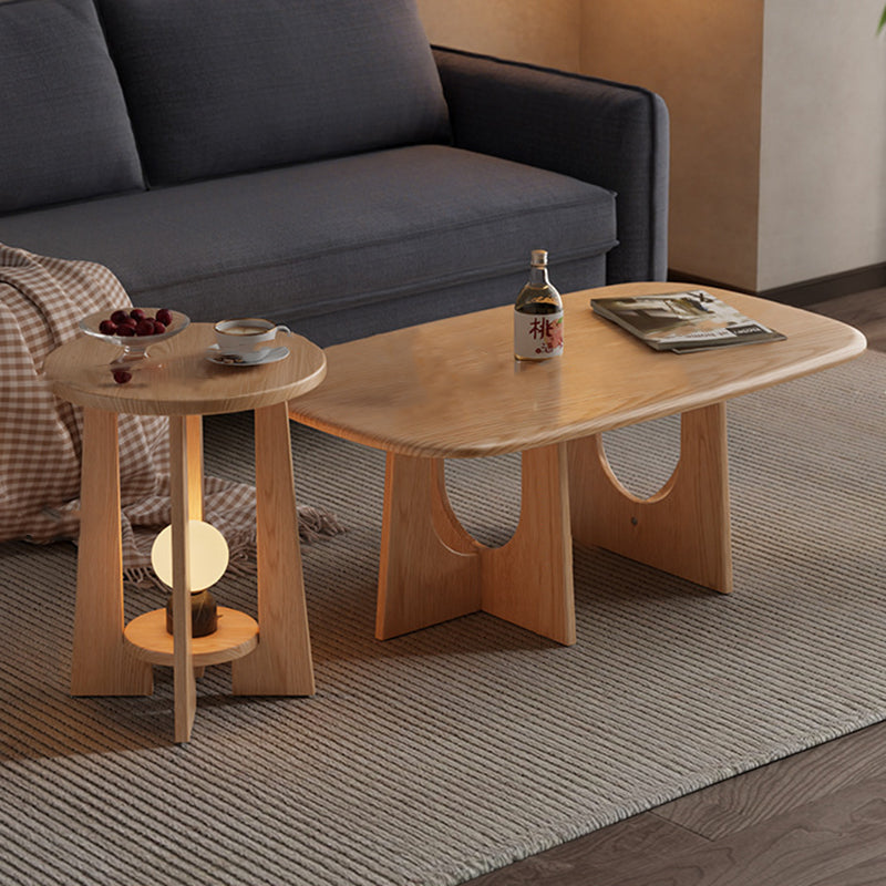 Traditional Vintage Round Rubberwood Solid Wood Coffee Table & Side Table 2-Tier For Living Room