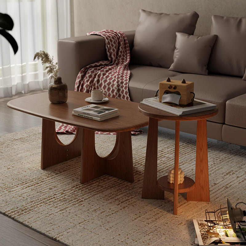 Traditional Vintage Round Rubberwood Solid Wood Coffee Table & Side Table 2-Tier For Living Room