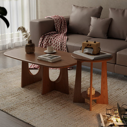 Traditional Vintage Round Rubberwood Solid Wood Coffee Table & Side Table 2-Tier For Living Room