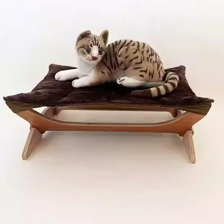 Contemporary Scandinavian Rectangular Multi-Layer Solid Wood Panel Cotton Fabric Cat Bed For Bedroom & Living Room