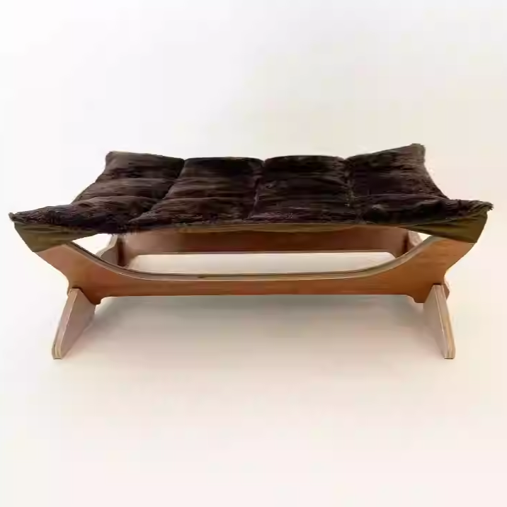 Contemporary Scandinavian Rectangular Multi-Layer Solid Wood Panel Cotton Fabric Cat Bed For Bedroom & Living Room