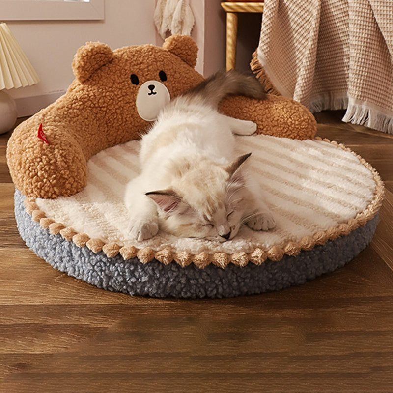 Contemporary Creative Round Velvet Fabric PP Cotton Bear & Kitten-Shaped Cat Bed For Bedroom
