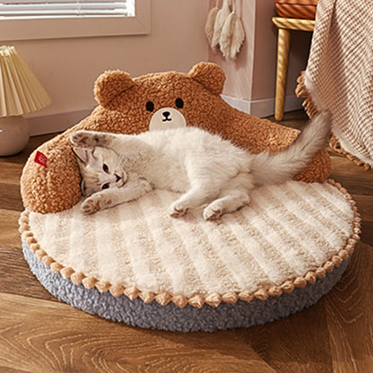 Contemporary Creative Round Velvet Fabric PP Cotton Bear & Kitten-Shaped Cat Bed For Bedroom