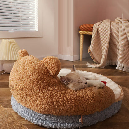 Contemporary Creative Round Velvet Fabric PP Cotton Bear & Kitten-Shaped Cat Bed For Bedroom
