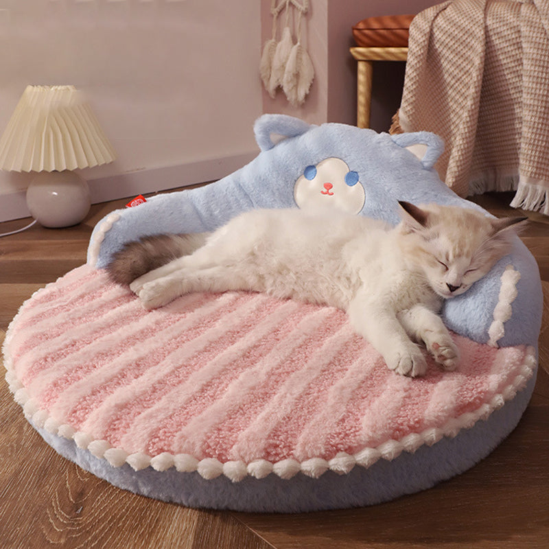 Contemporary Creative Round Velvet Fabric PP Cotton Bear & Kitten-Shaped Cat Bed For Bedroom
