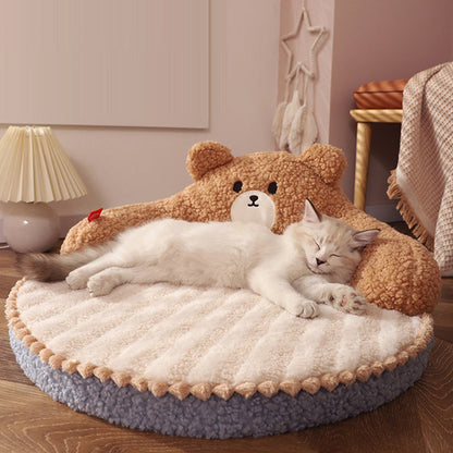 Contemporary Creative Round Velvet Fabric PP Cotton Bear & Kitten-Shaped Cat Bed For Bedroom