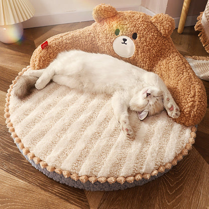 Contemporary Creative Round Velvet Fabric PP Cotton Bear & Kitten-Shaped Cat Bed For Bedroom