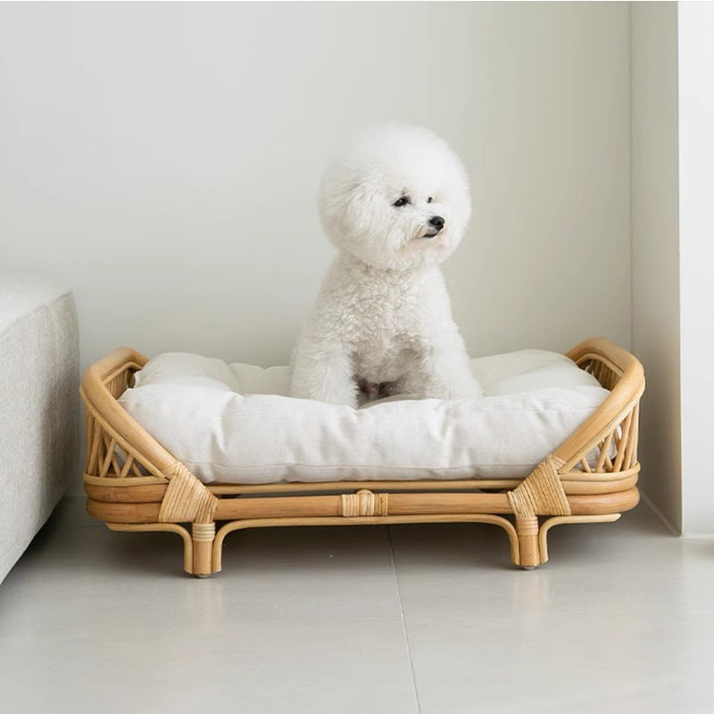 Traditional Farmhouse Rectangular Indonesian Rattan Fabric Handwoven Cat Bed For Bedroom
