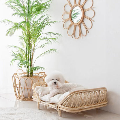 Traditional Farmhouse Rectangular Indonesian Rattan Fabric Handwoven Cat Bed For Bedroom