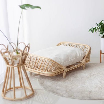 Traditional Farmhouse Rectangular Indonesian Rattan Fabric Handwoven Cat Bed For Bedroom