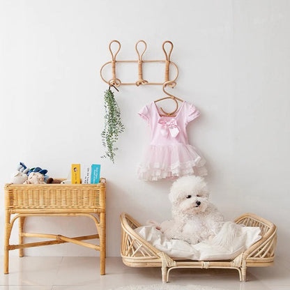 Traditional Farmhouse Rectangular Indonesian Rattan Fabric Handwoven Cat Bed For Bedroom