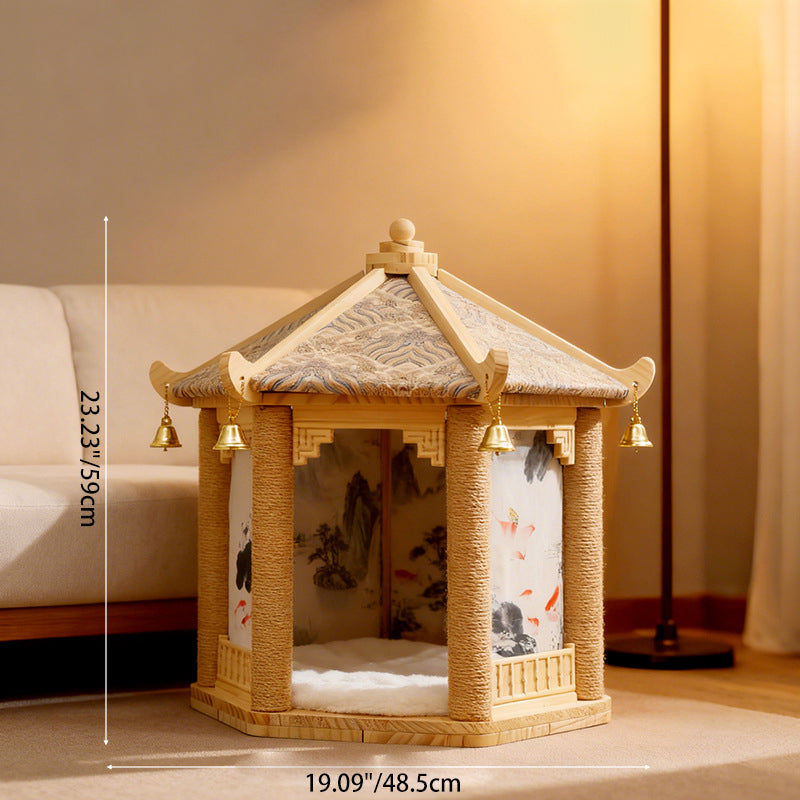 Traditional Chinese Hexagonal Solid Pine Wood Fabric Sisal Pavilion Design Cat Tree For Bedroom & Living Room