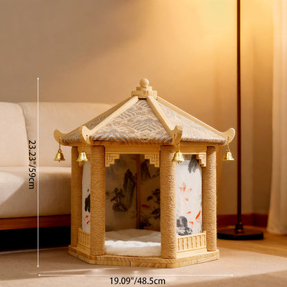 Traditional Chinese Hexagonal Solid Pine Wood Fabric Sisal Pavilion Design Cat Tree For Bedroom & Living Room