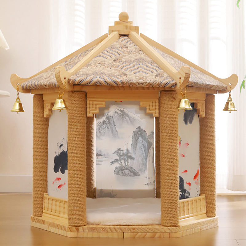 Traditional Chinese Hexagonal Solid Pine Wood Fabric Sisal Pavilion Design Cat Tree For Bedroom & Living Room